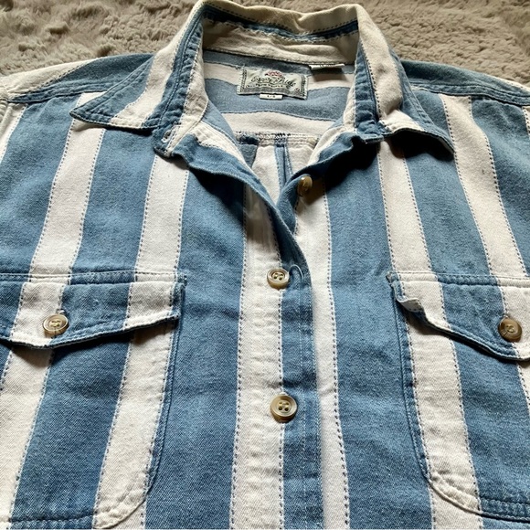Vintage 100% Cotton denim striped button down sleeveless Ever Blue by Triple 5 - Picture 3 of 5